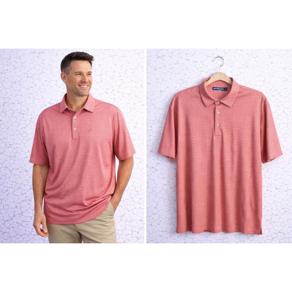 Roundtree Yorke Performance Men Medium Short Sleeve Golf Polo Shirt Pink Check